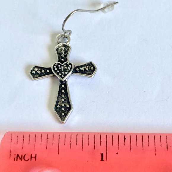 Silver Sacred Heart Cross Earrings Country Western Gothic Goth Dangle Plated - Picture 5 of 6
